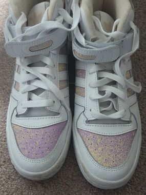 adidas White High-Top Sneakers with Lavender and Gold Speckle